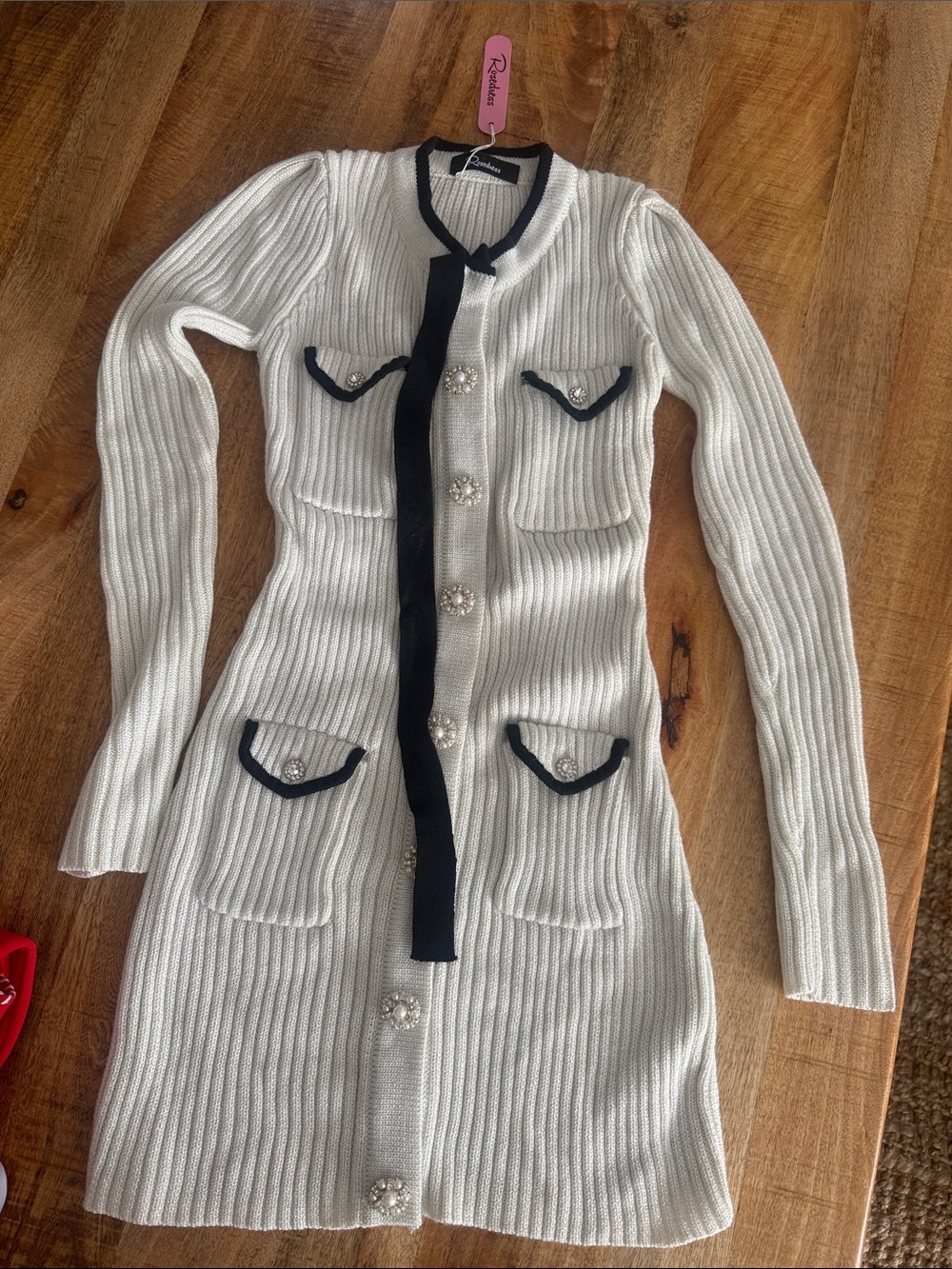 Elegant White Ribbed Knit Dress with Black Trim
